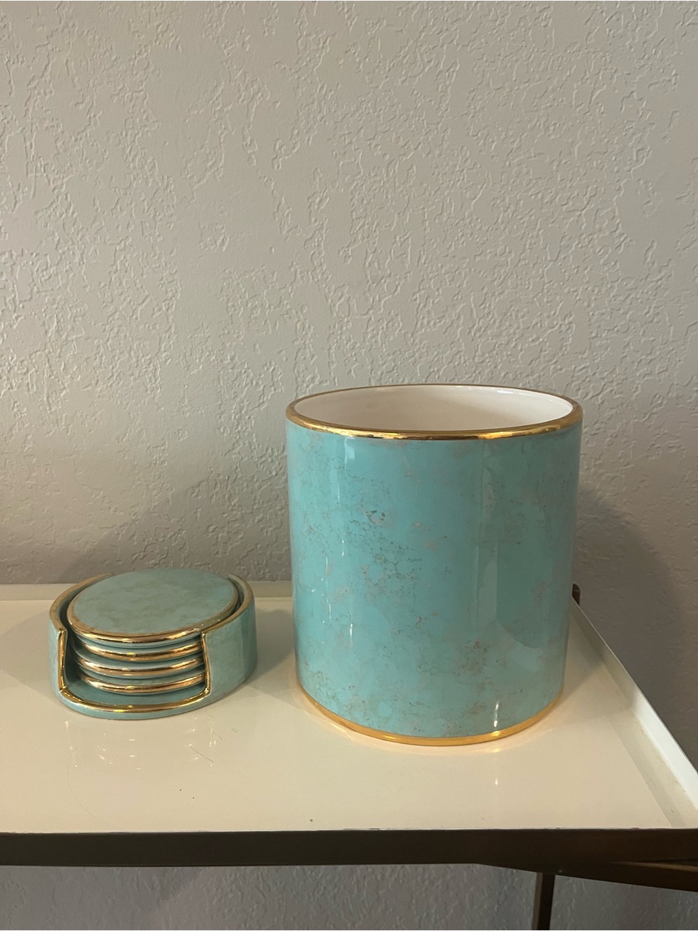Williams Sonoma Aerin Turquoise Ice Bucket W/ 24kt Gold  Trim +Coasters
